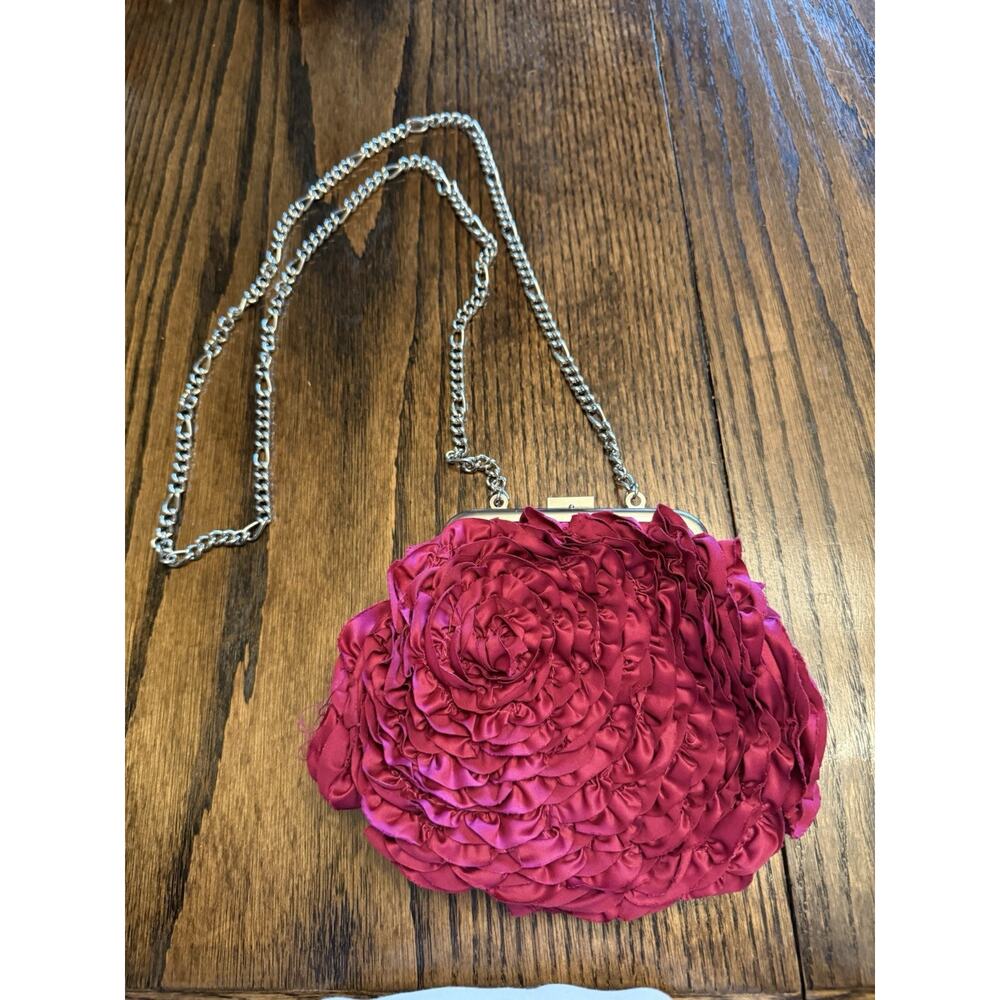 White House Black Market Red Satin Rose Clutch Purse Crossbody Bag Chain Strap